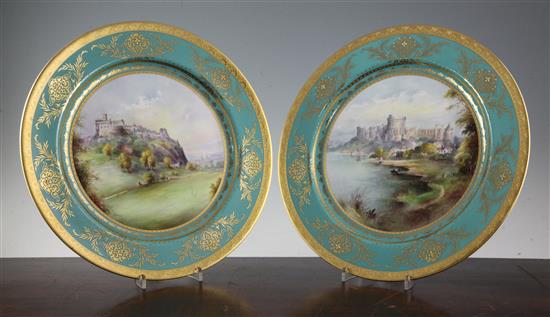 A pair of Minton Edinburgh and Windsor Castle view dishes, signed H.Holland, c.1957-59,